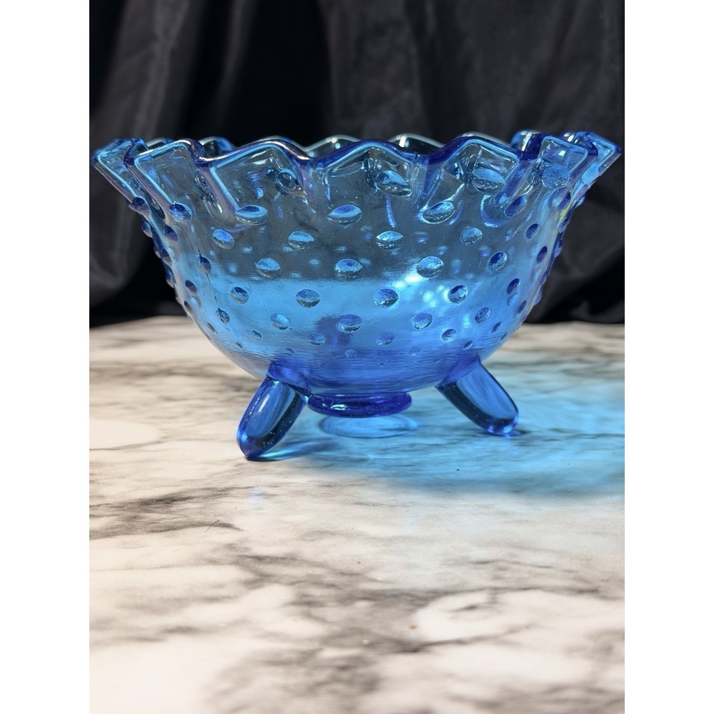 VTG Blue‎ LE Smith Glass Hobnail Three Footed Crimped Bowl 3.5"H (2761)